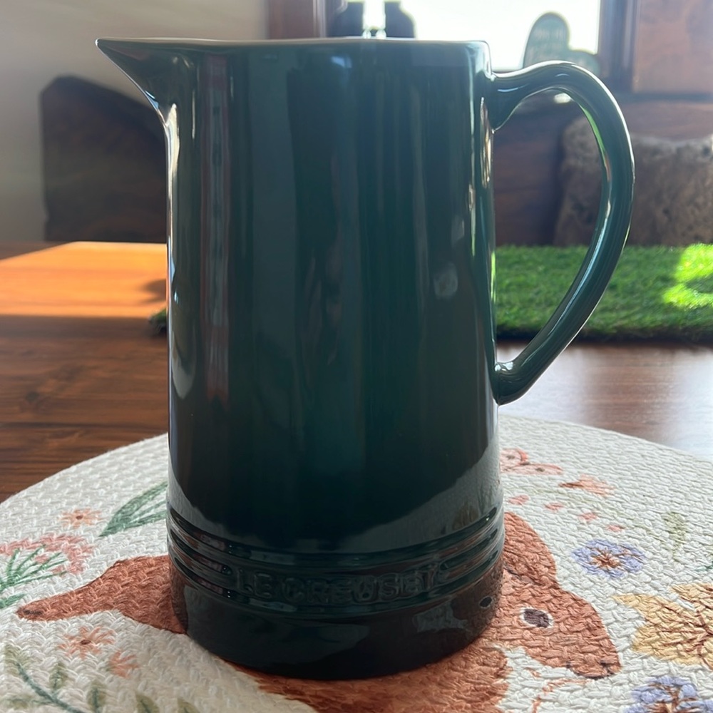 Le Crueset water pitcher in the color architect.